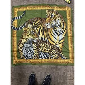 Tiger Leopard Print Scarf Womens Green Gold Baroque Border Square Polyester
